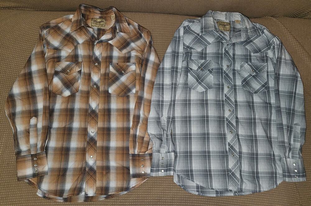 Lot of 2 Wrangler Men's Med Long Sleeve Iconic Pearl Snap Western Plaid Shirts